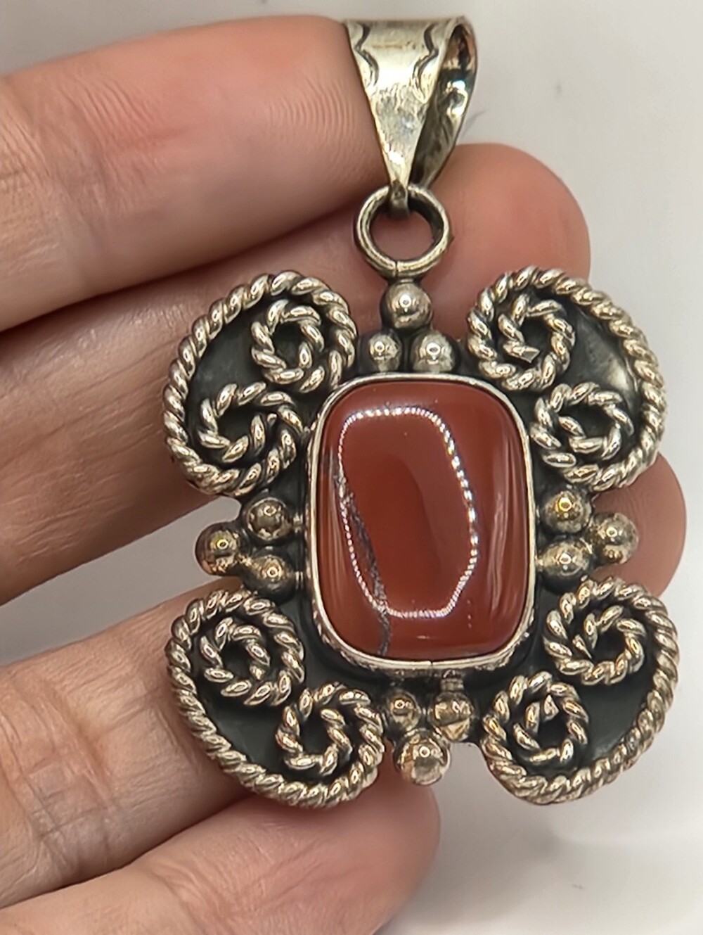 Beautiful Large Vintage Jasper And Sterling Silver Pendant